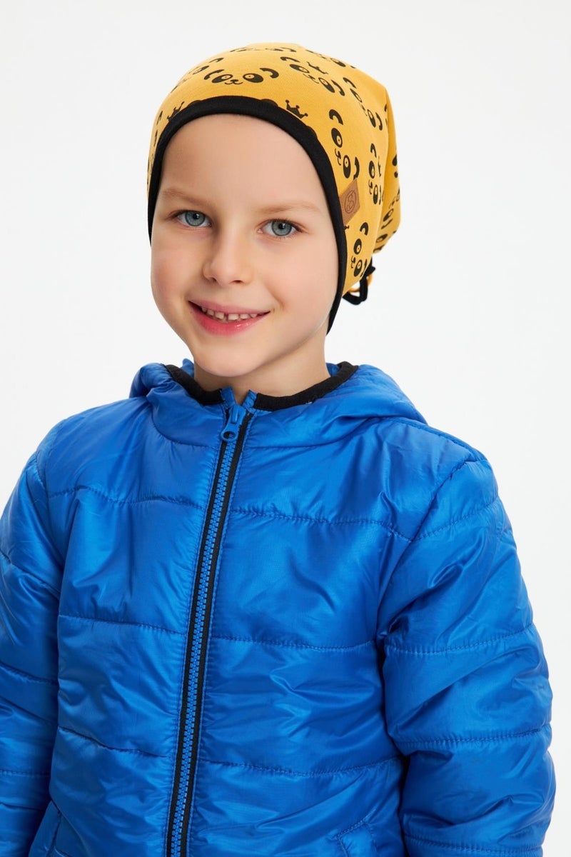 Mustard Boy's Panda Patterned Hat Beanie Soft Double Layer 100% Natural Cotton Combed Cotton