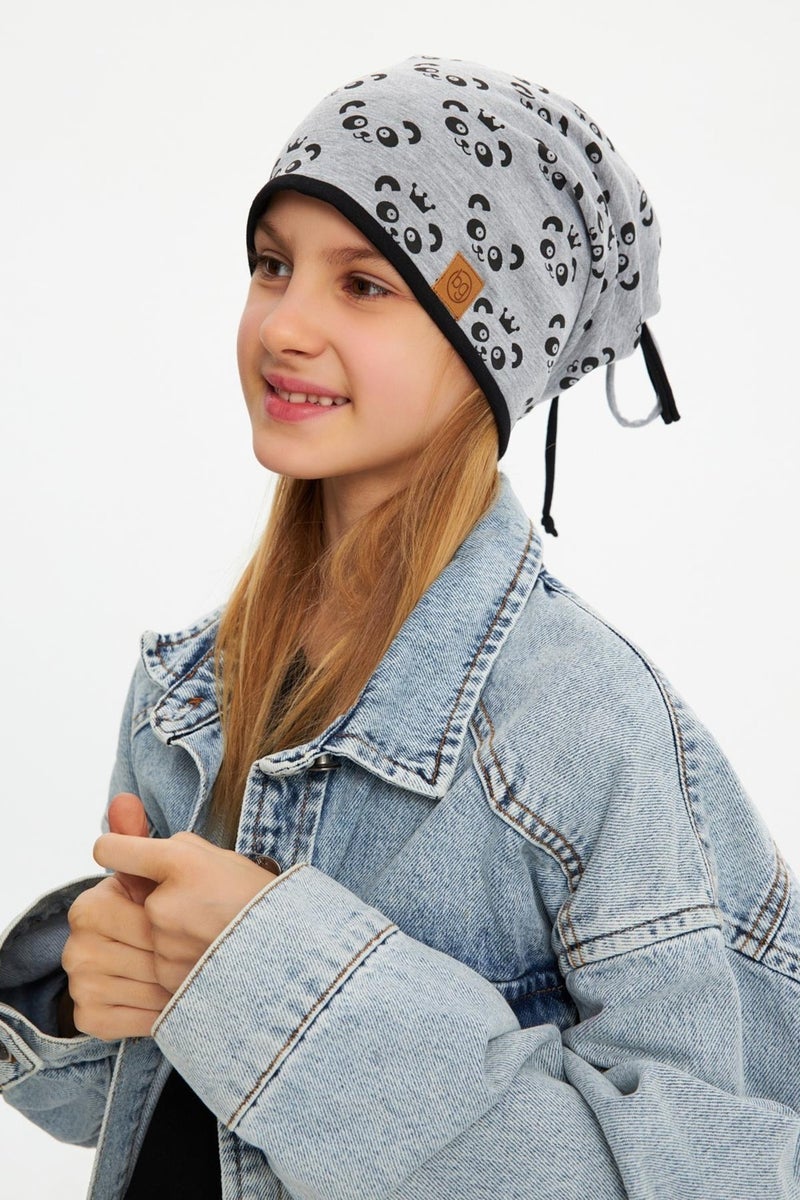 Gray Girl's Panda Patterned Hat Beanie Soft Double Layer 100% Natural Cotton Combed Cotton