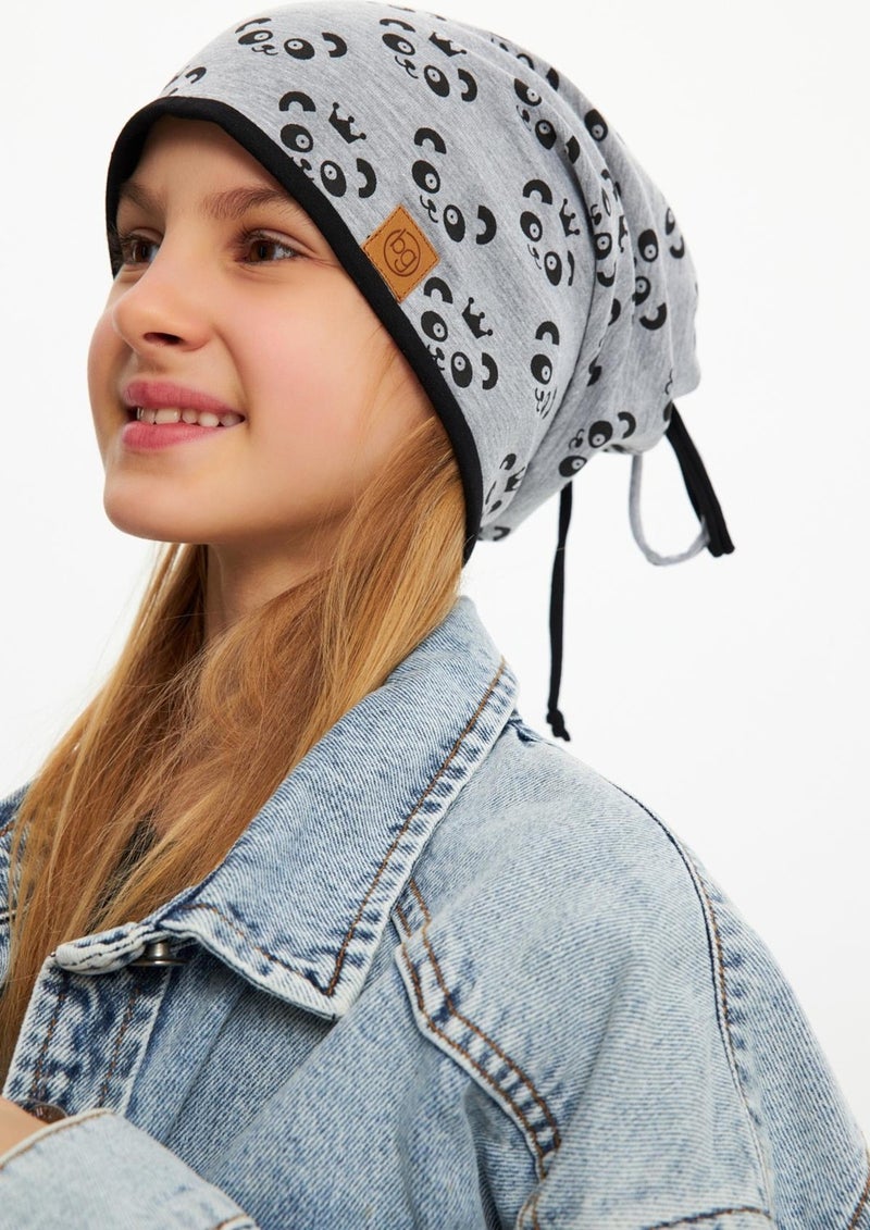 Gray Girl's Panda Patterned Hat Beanie Soft Double Layer 100% Natural Cotton Combed Cotton