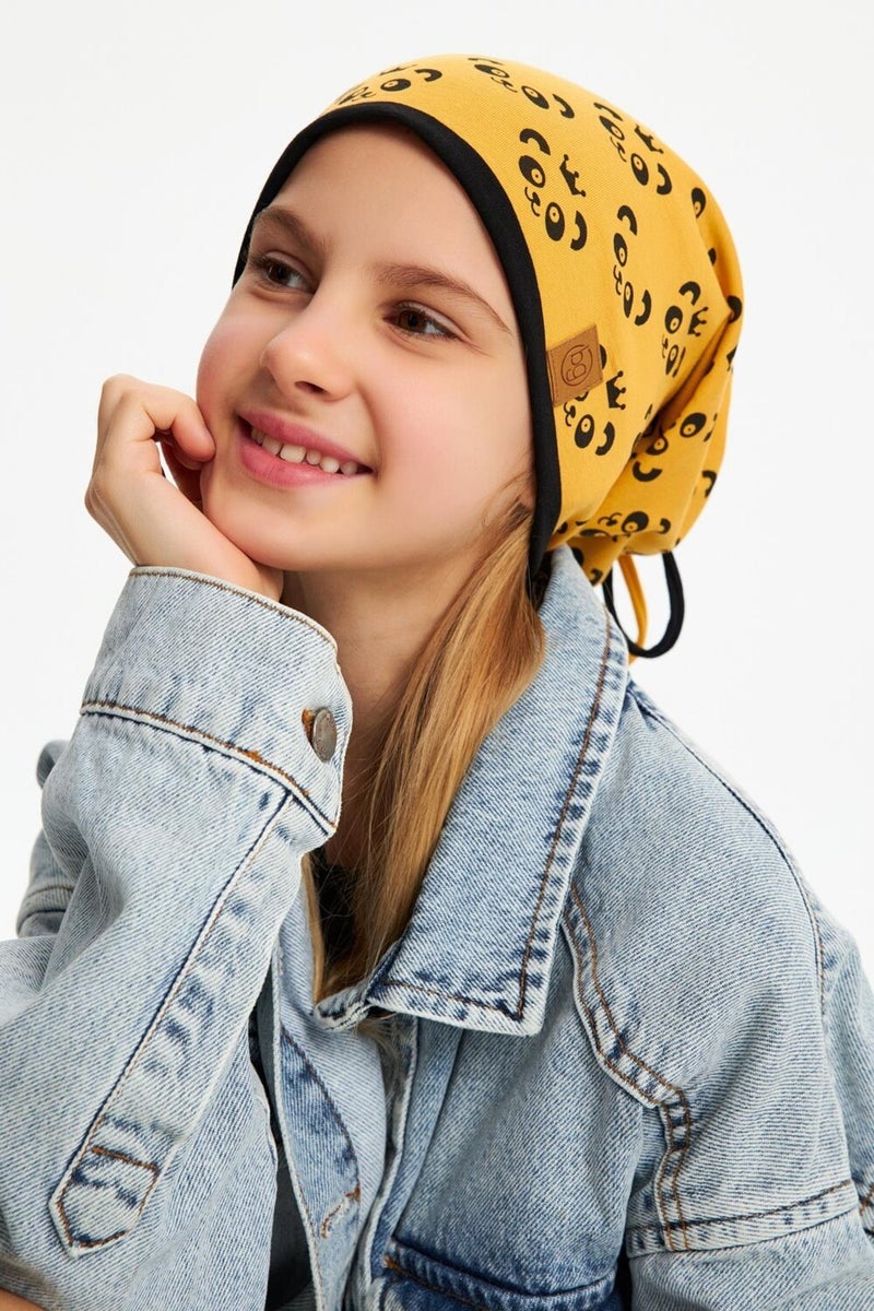 Mustard Girl's Panda Patterned Hat Beanie Soft Double Layer 100% Natural Cotton Combed Cotton