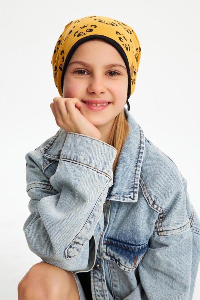 Mustard Girl's Panda Patterned Hat Beanie Soft Double Layer 100% Natural Cotton Combed Cotton