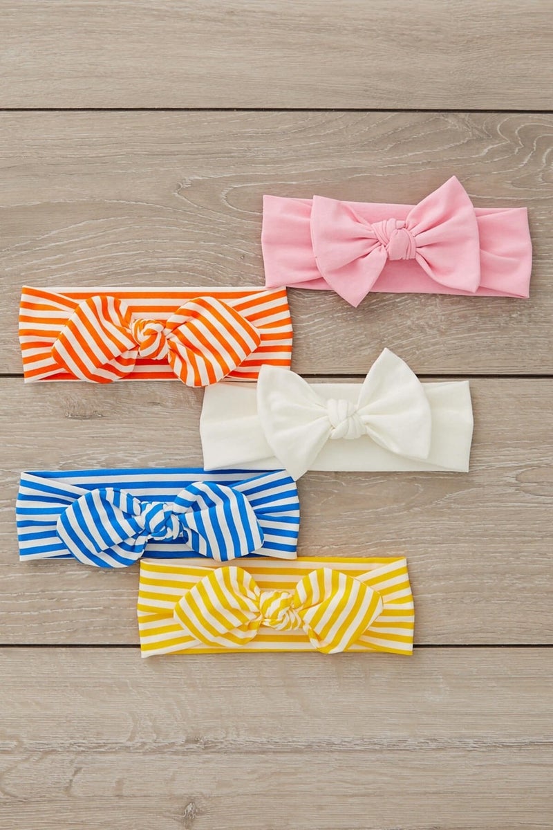 Handmade Ultra Soft Bow Tie 100% Natural Cotton Double Layer Combed Cotton FIVE IN ONE Baby and Kids Girls Bandana Headband Set - 5 different patterns and colors