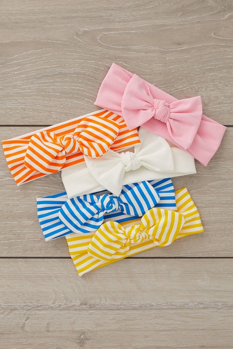 Handmade Ultra Soft Bow Tie 100% Natural Cotton Double Layer Combed Cotton FIVE IN ONE Baby and Kids Girls Bandana Headband Set - 5 different patterns and colors