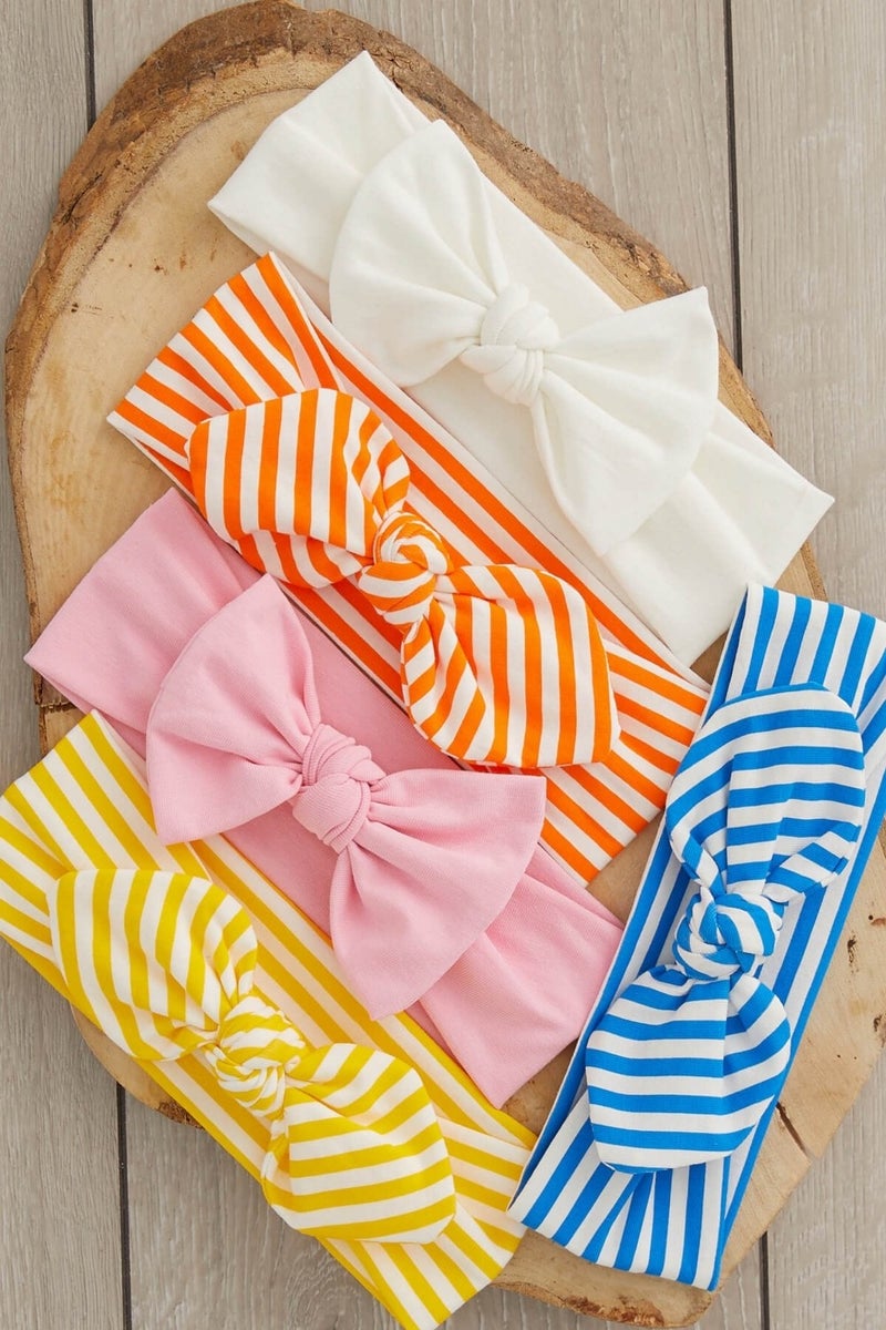 Handmade Ultra Soft Bow Tie 100% Natural Cotton Double Layer Combed Cotton FIVE IN ONE Baby and Kids Girls Bandana Headband Set - 5 different patterns and colors