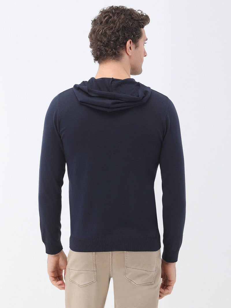 Navy Blue Hooded Cotton Blend Knitwear