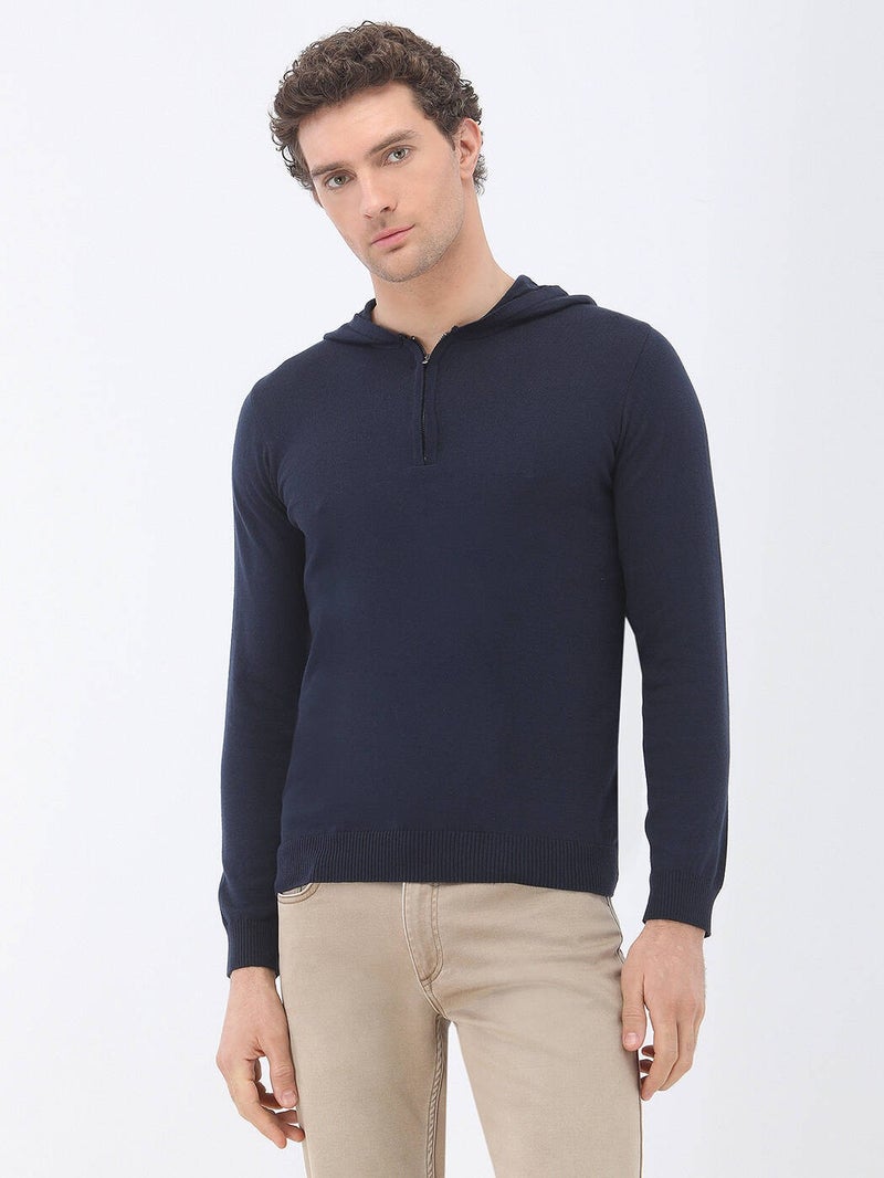 Navy Blue Hooded Cotton Blend Knitwear