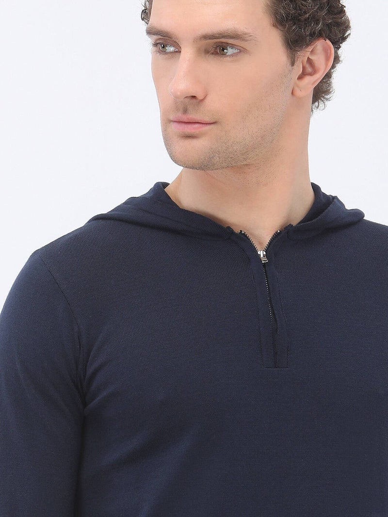 Navy Blue Hooded Cotton Blend Knitwear