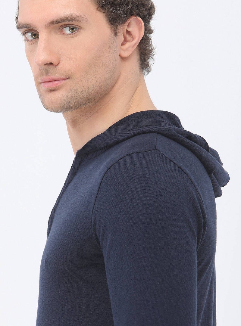 Navy Blue Hooded Cotton Blend Knitwear