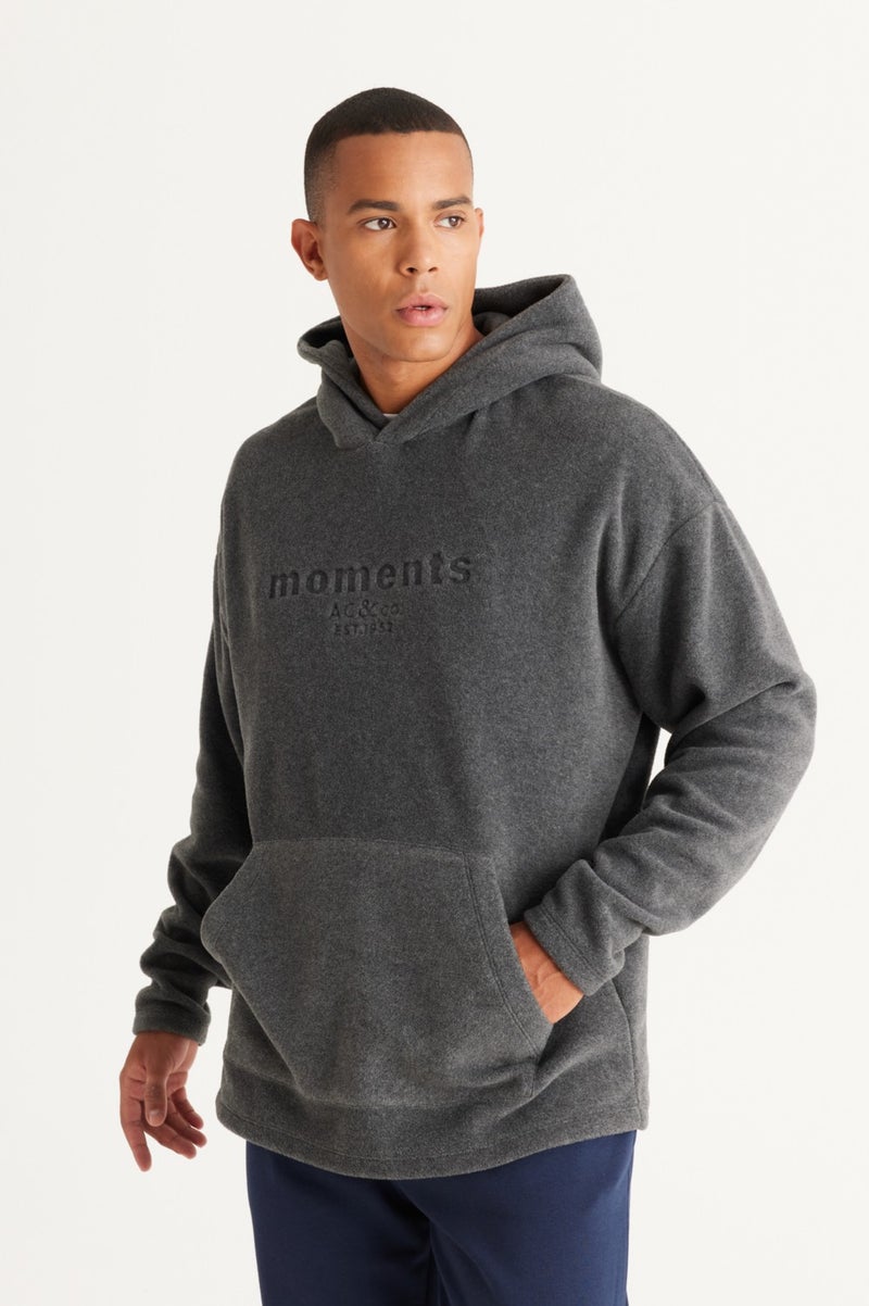 Men's Anthracite-melange Oversize Loose-Fit Hooded Fleece Sweatshirt