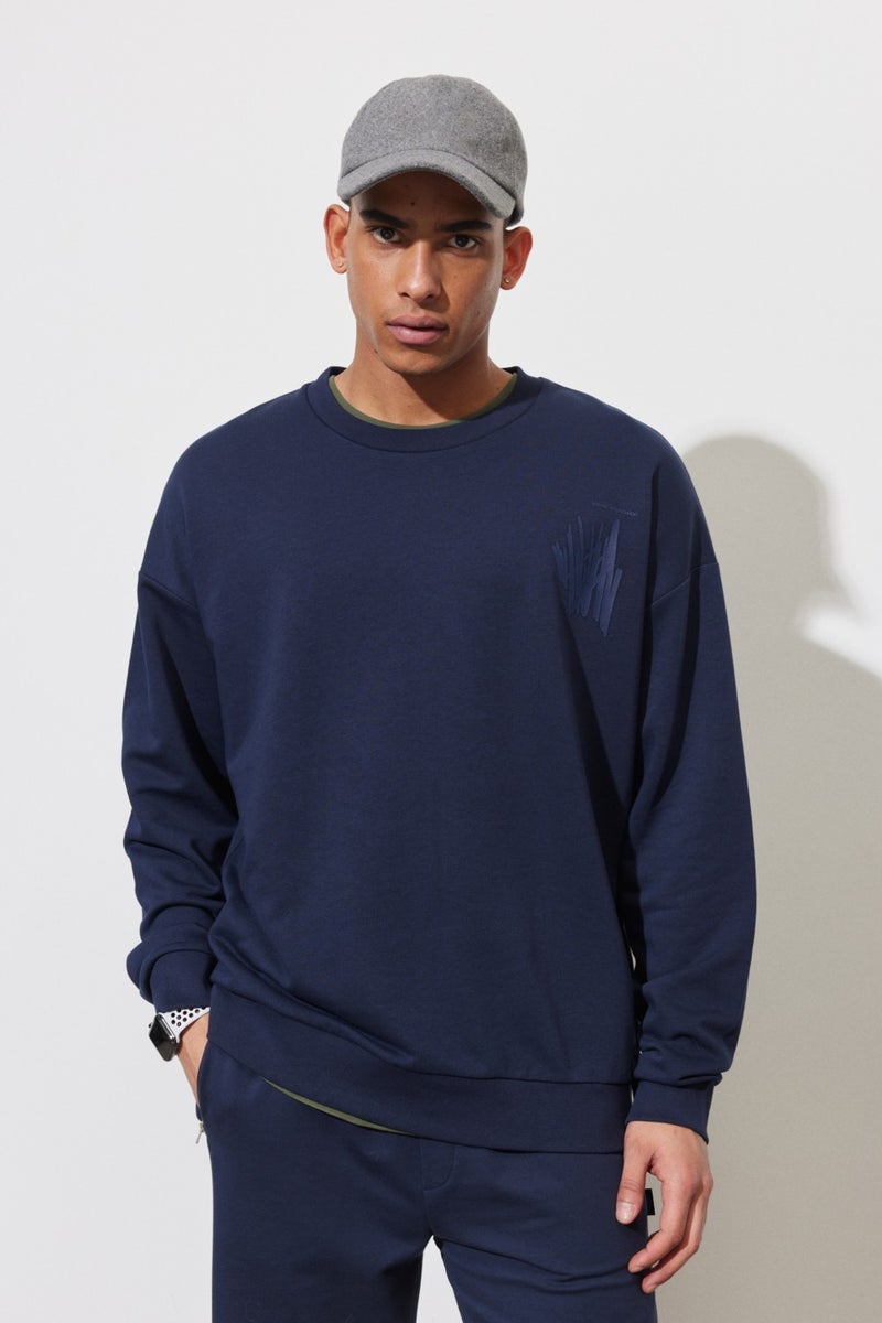 Men's Navy Blue Oversize Loose Cut Crew Neck Printed Cotton Sweatshirt