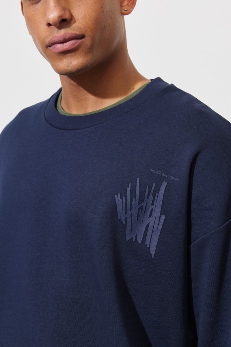 Men's Navy Blue Oversize Loose Cut Crew Neck Printed Cotton Sweatshirt