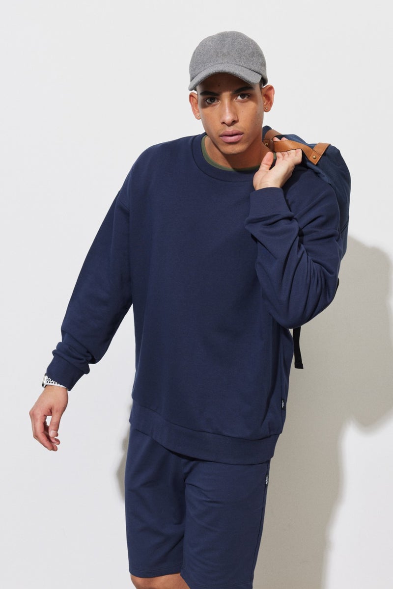 Men's Navy Blue Oversize Loose Cut Crew Neck Printed Cotton Sweatshirt