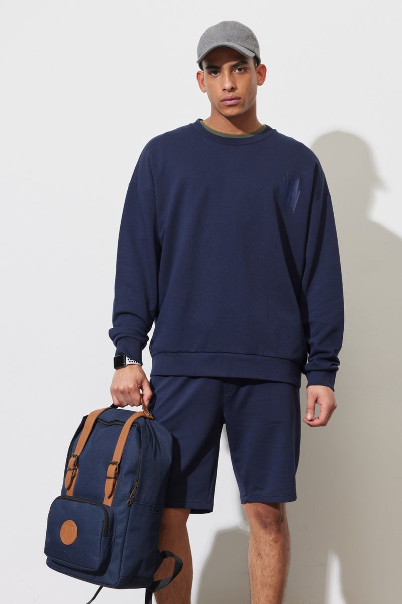 Men's Navy Blue Oversize Loose Cut Crew Neck Printed Cotton Sweatshirt