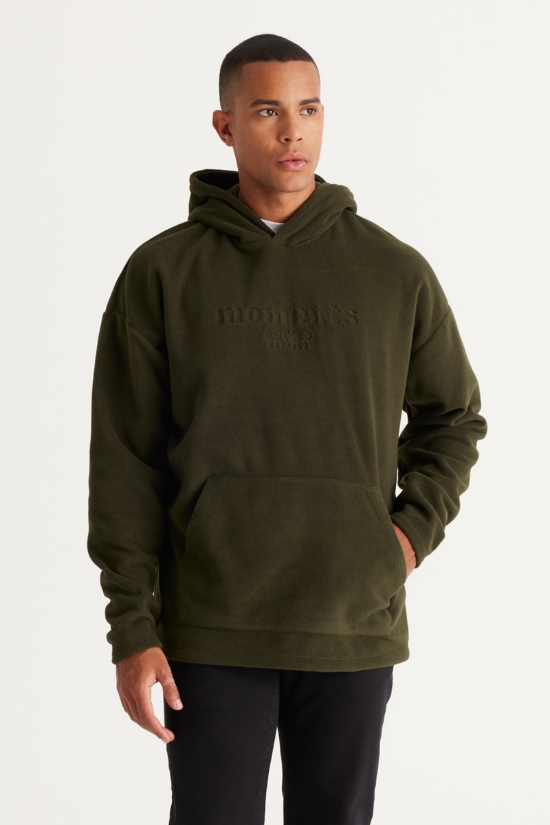 Men's Khaki Oversize Loose-Fit Hooded Fleece Sweatshirt