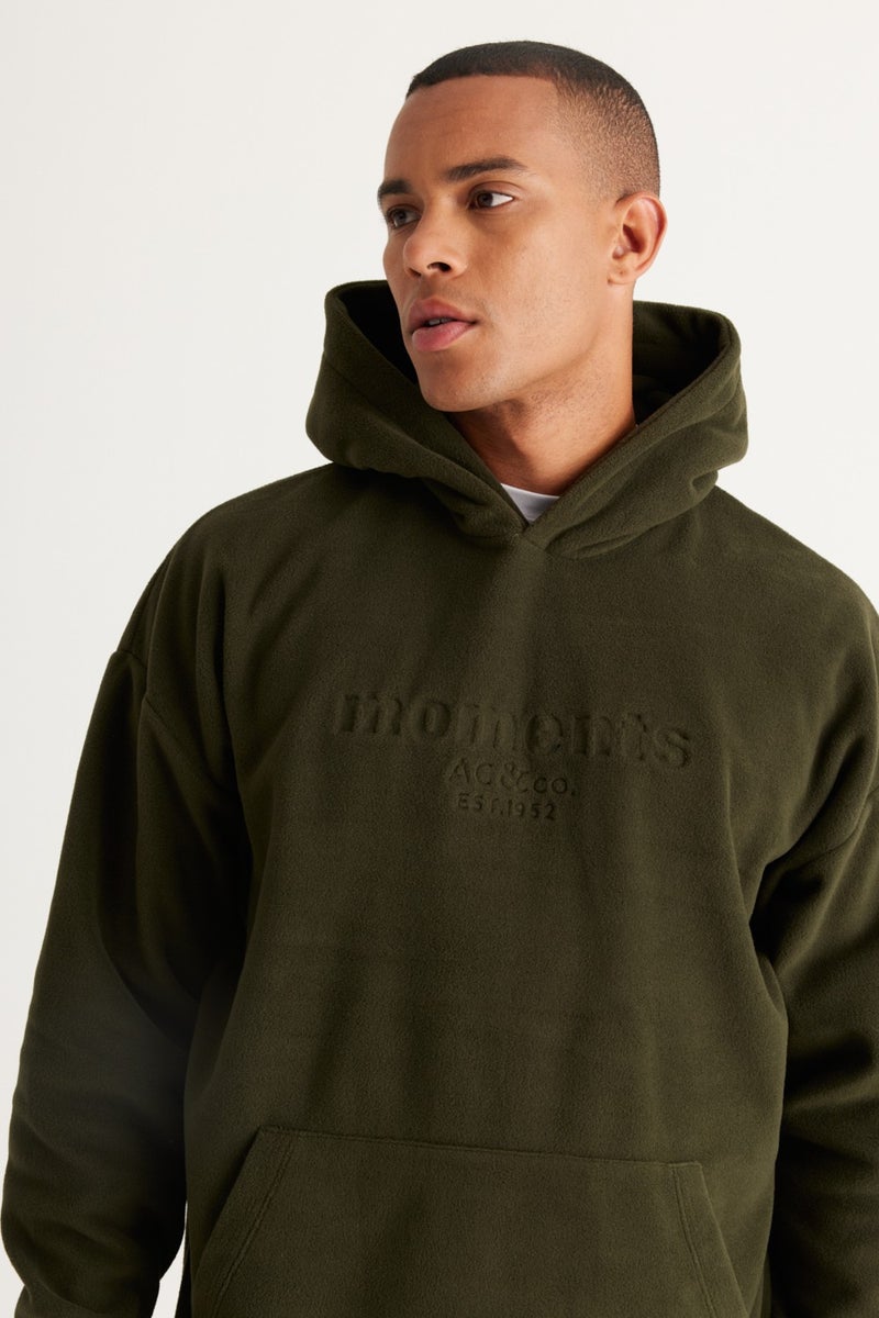 Men's Khaki Oversize Loose-Fit Hooded Fleece Sweatshirt