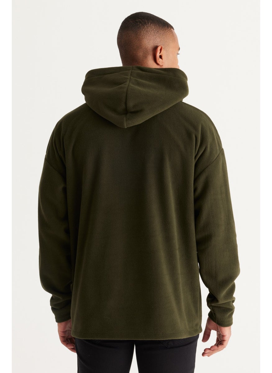 Men's Khaki Oversize Loose-Fit Hooded Fleece Sweatshirt