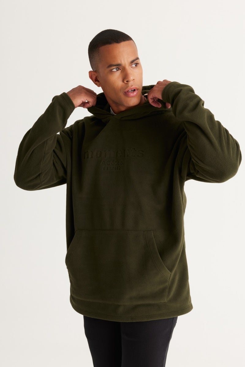 Men's Khaki Oversize Loose-Fit Hooded Fleece Sweatshirt