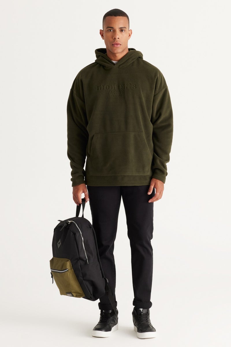 Men's Khaki Oversize Loose-Fit Hooded Fleece Sweatshirt