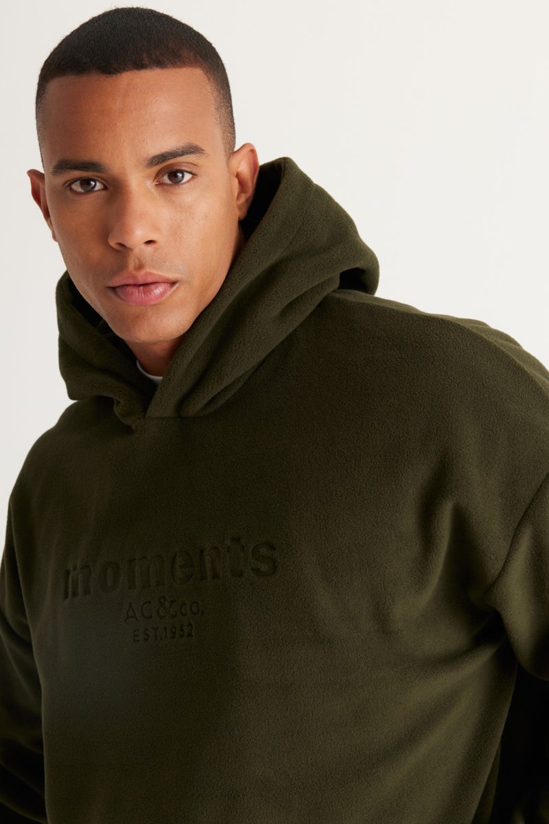 Men's Khaki Oversize Loose-Fit Hooded Fleece Sweatshirt