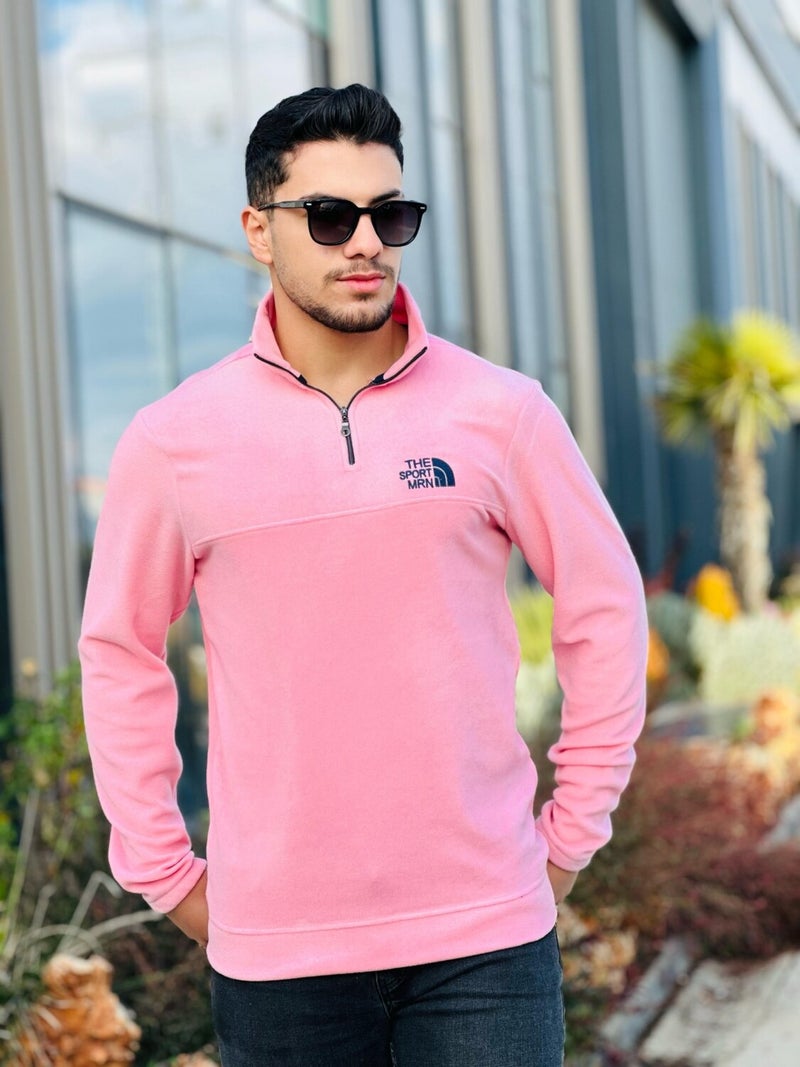 Pink Unisex Embroidered Stand Collar Half Zipper Fleece Sweatshirt