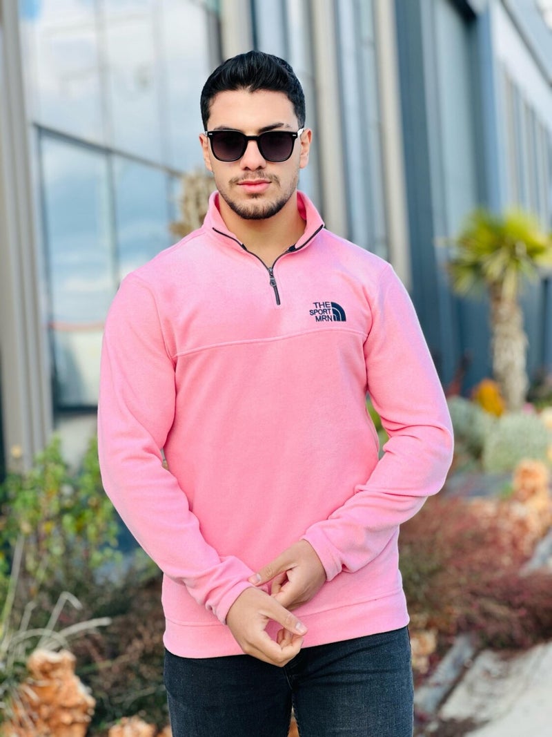 Pink Unisex Embroidered Stand Collar Half Zipper Fleece Sweatshirt