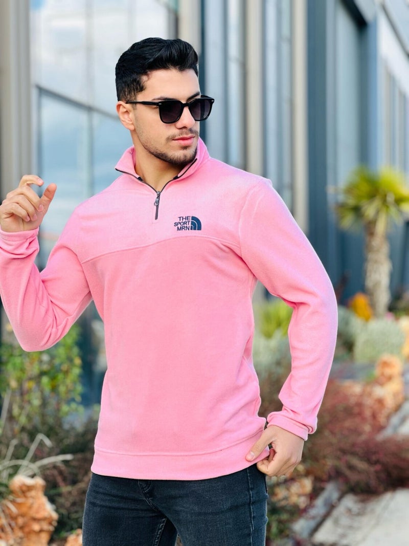 Pink Unisex Embroidered Stand Collar Half Zipper Fleece Sweatshirt