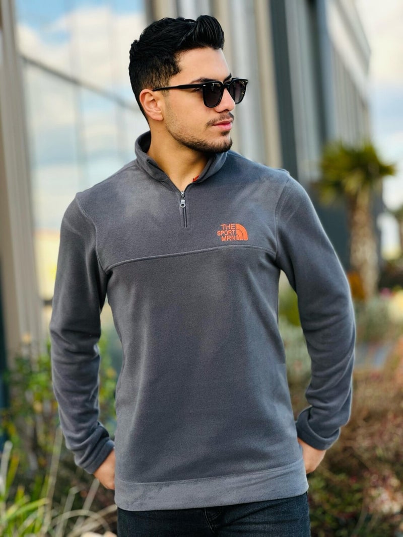 Smoke Unisex Embroidered Stand Collar Half Zip Fleece Sweatshirt - 2321