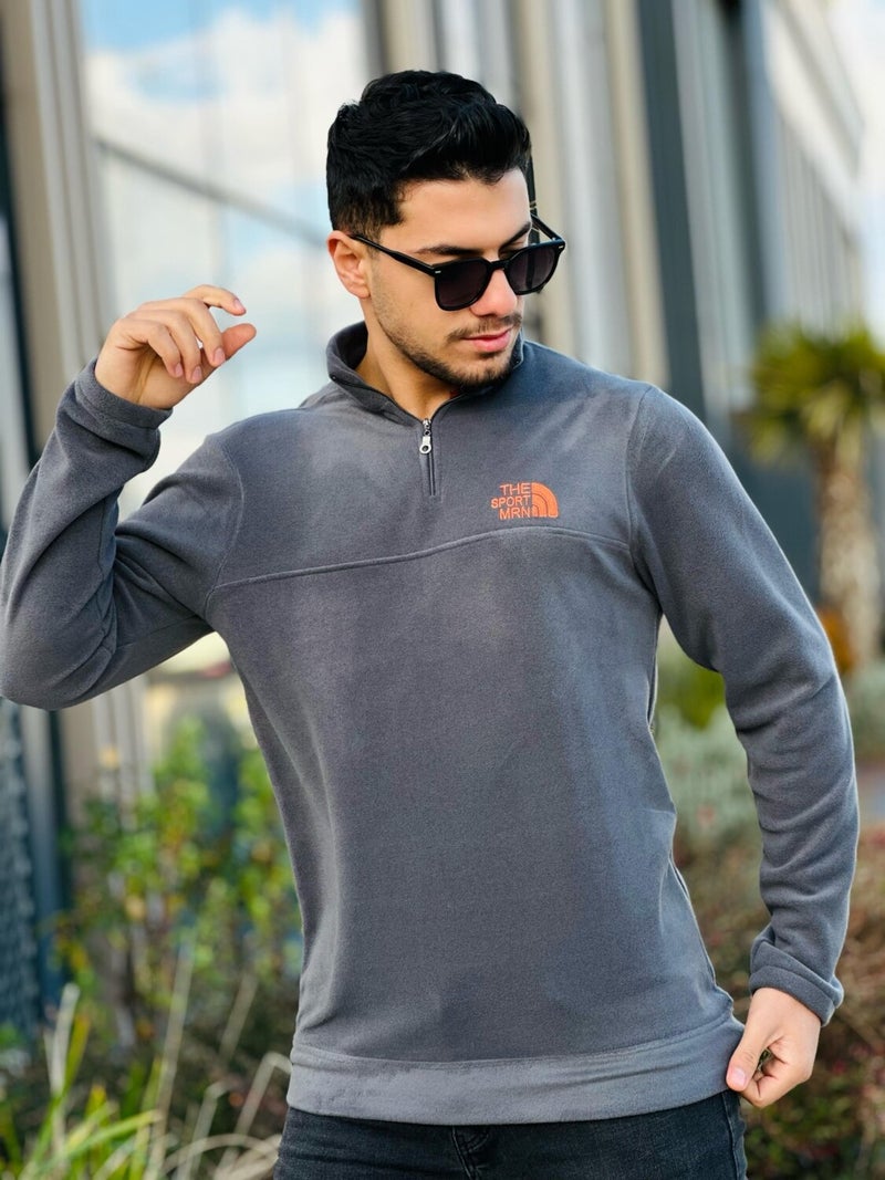 Smoke Unisex Embroidered Stand Collar Half Zip Fleece Sweatshirt - 2321