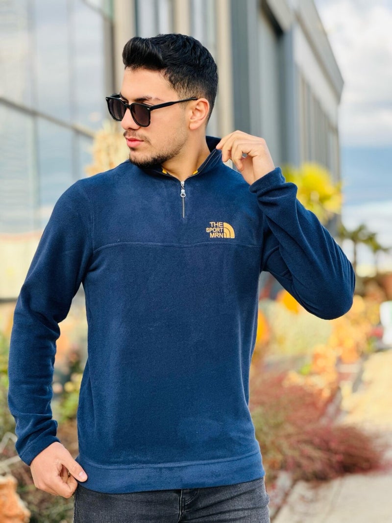 Navy Blue Unisex Embroidered Stand Collar Half Zipper Fleece Sweatshirt