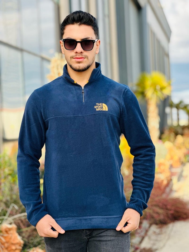 Navy Blue Unisex Embroidered Stand Collar Half Zipper Fleece Sweatshirt