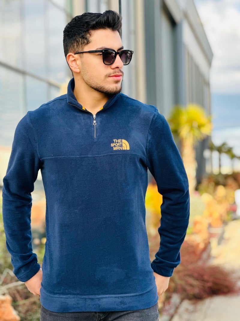 Navy Blue Unisex Embroidered Stand Collar Half Zipper Fleece Sweatshirt