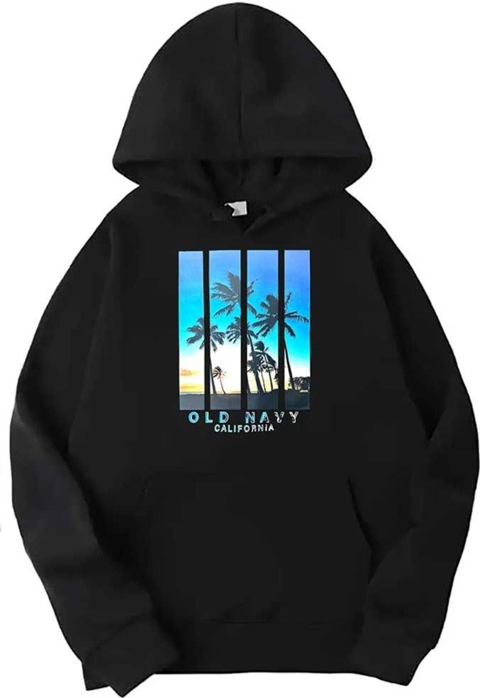 Black California Palm Printed Hooded Sweatshirt