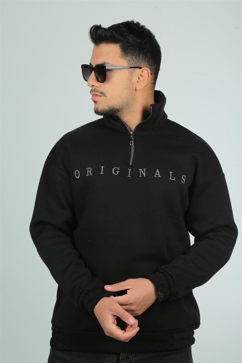 Originals Embroidery Detailed Zippered Oversize Sweatshirt-Black