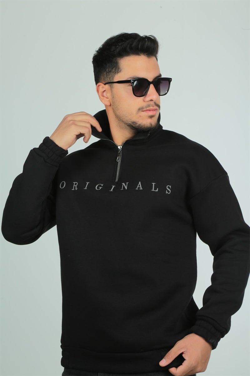 Originals Embroidery Detailed Zippered Oversize Sweatshirt-Black