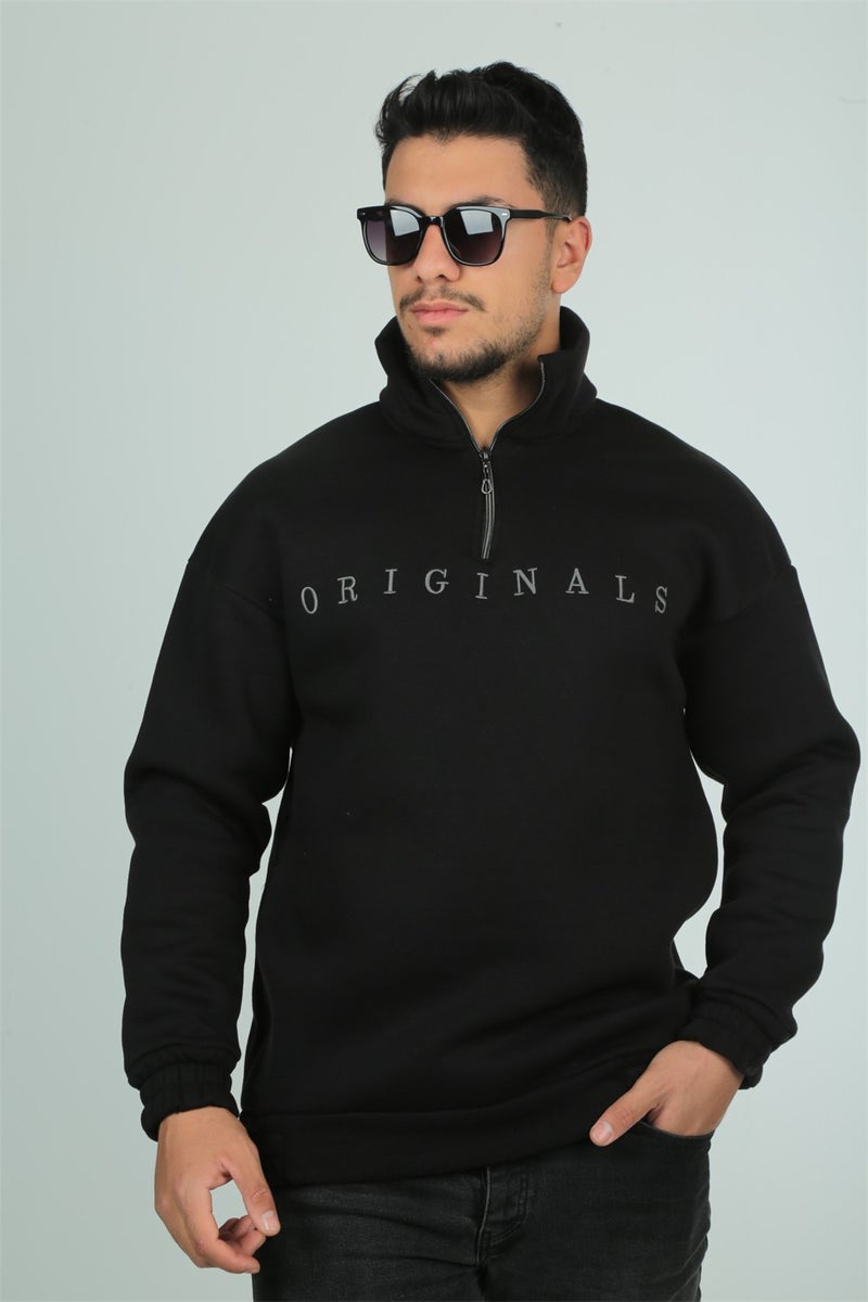 Originals Embroidery Detailed Zippered Oversize Sweatshirt-Black