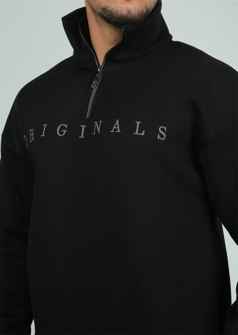 Originals Embroidery Detailed Zippered Oversize Sweatshirt-Black