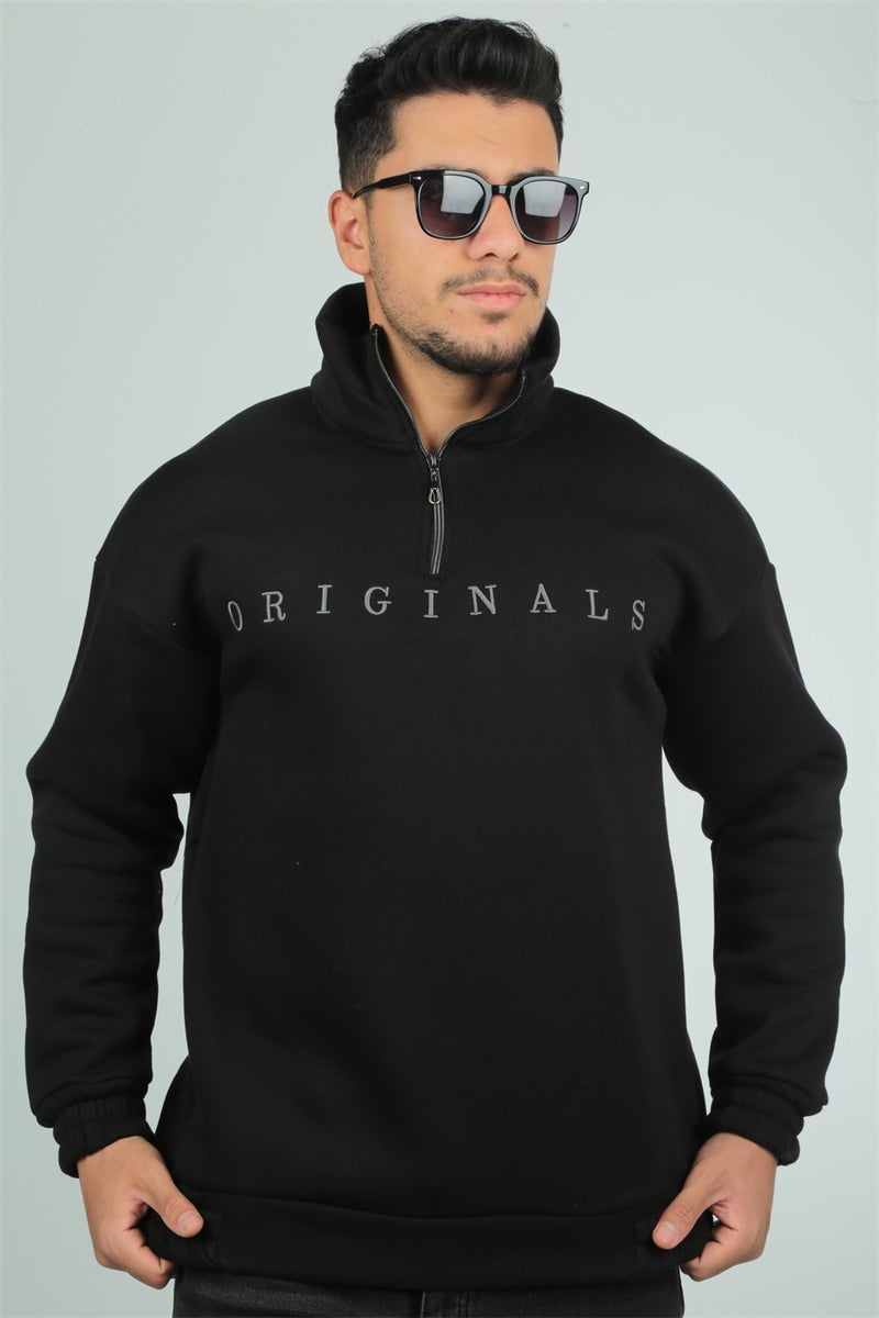 Originals Embroidery Detailed Zippered Oversize Sweatshirt-Black