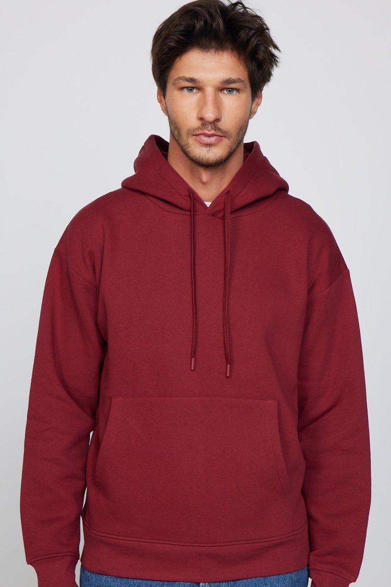 Unisex Oversize Wide Cut Cotton Soft Textured Fleece Inside Basic Claret Red Hooded Sweatshirt