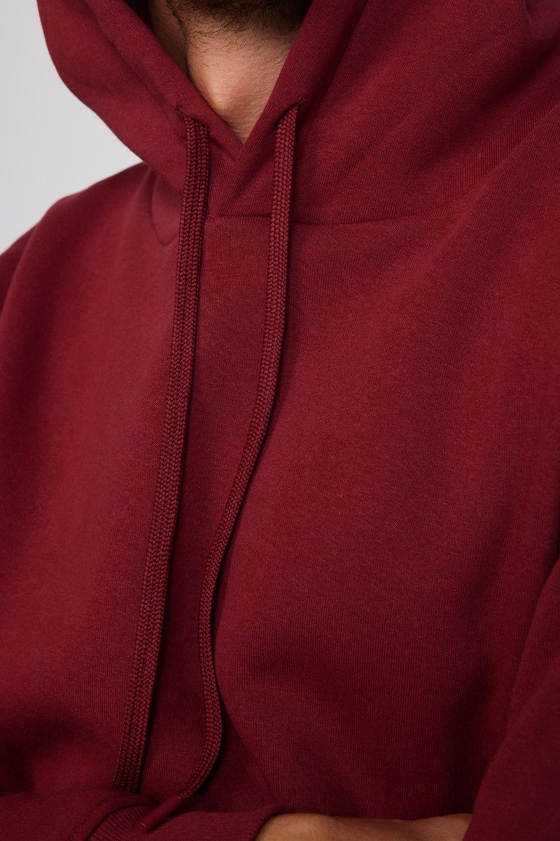 Unisex Oversize Wide Cut Cotton Soft Textured Fleece Inside Basic Claret Red Hooded Sweatshirt