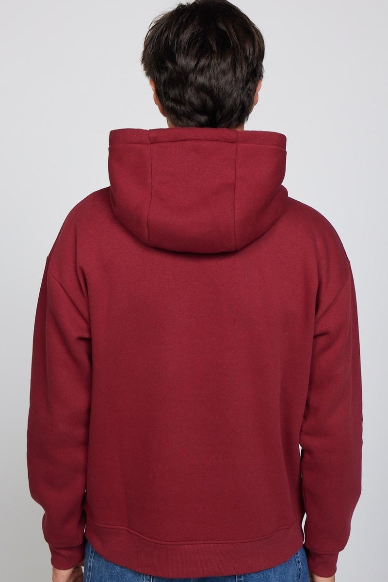 Unisex Oversize Wide Cut Cotton Soft Textured Fleece Inside Basic Claret Red Hooded Sweatshirt