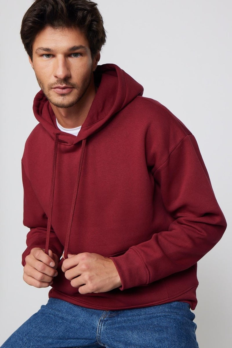 Unisex Oversize Wide Cut Cotton Soft Textured Fleece Inside Basic Claret Red Hooded Sweatshirt