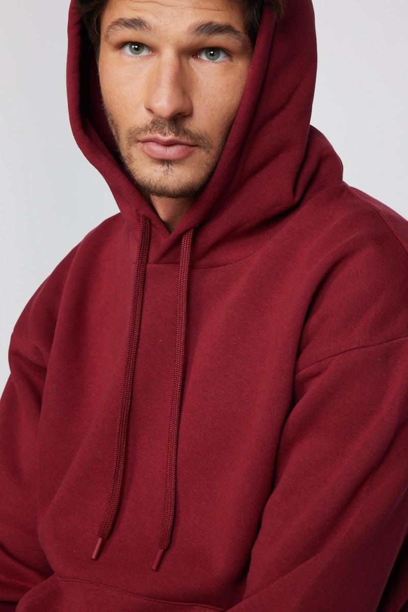 Unisex Oversize Wide Cut Cotton Soft Textured Fleece Inside Basic Claret Red Hooded Sweatshirt