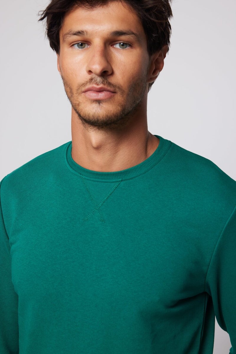 Cotton Crew Neck Basic Unisex Green Sweatshirt