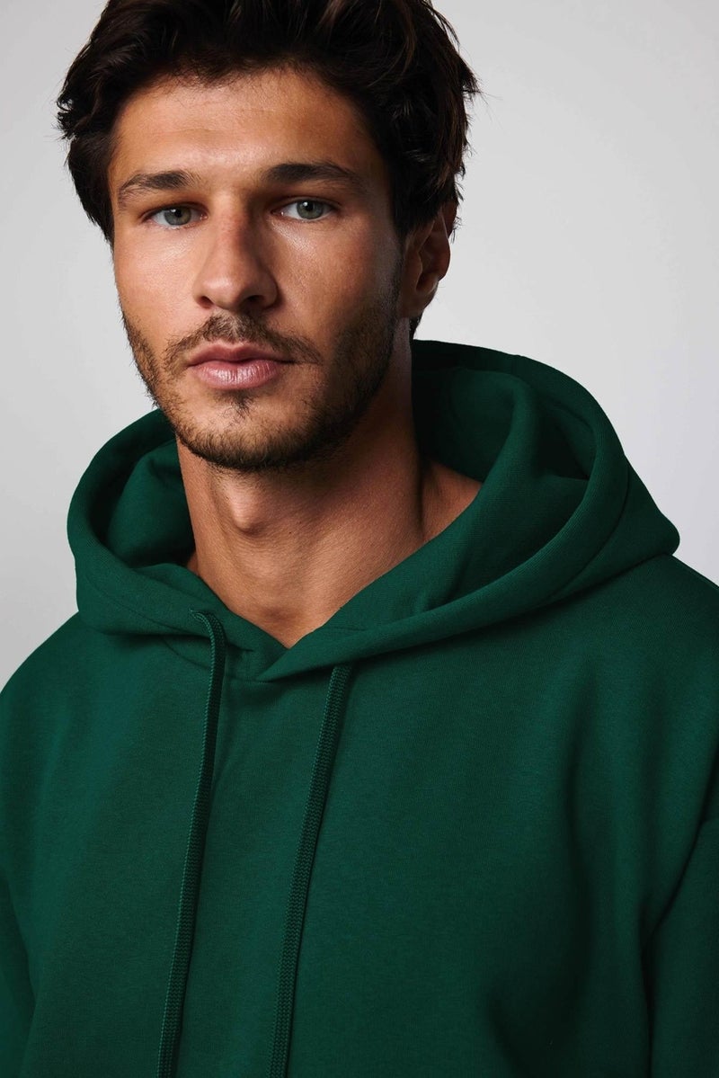 Oversize Wide Cut Cotton Soft Textured Polar Fleece Basic Green Hooded Sweatshirt