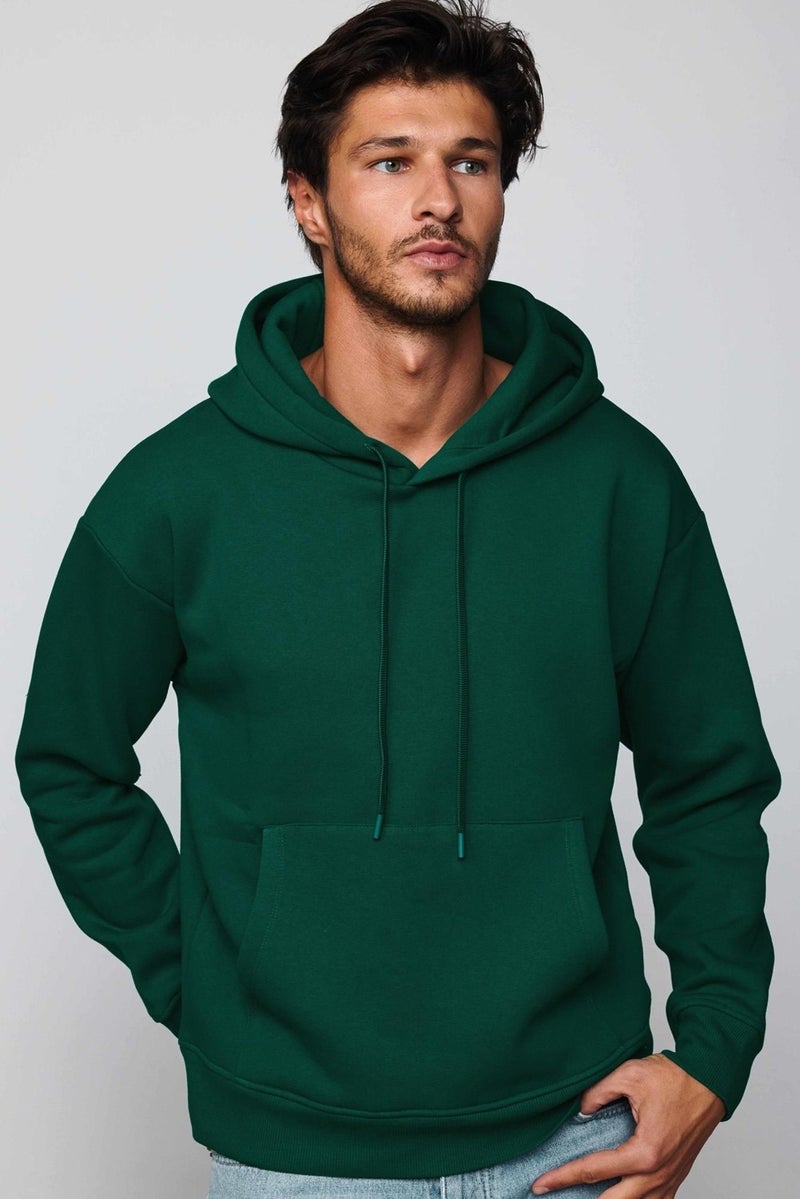 Oversize Wide Cut Cotton Soft Textured Polar Fleece Basic Green Hooded Sweatshirt