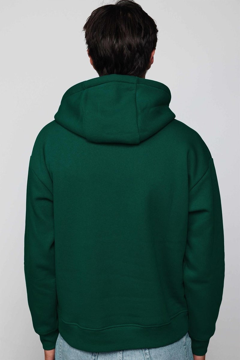 Oversize Wide Cut Cotton Soft Textured Polar Fleece Basic Green Hooded Sweatshirt