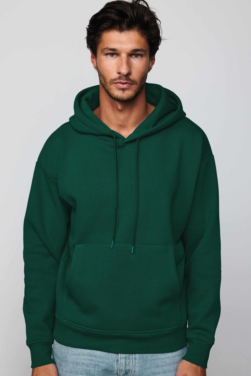 Oversize Wide Cut Cotton Soft Textured Polar Fleece Basic Green Hooded Sweatshirt