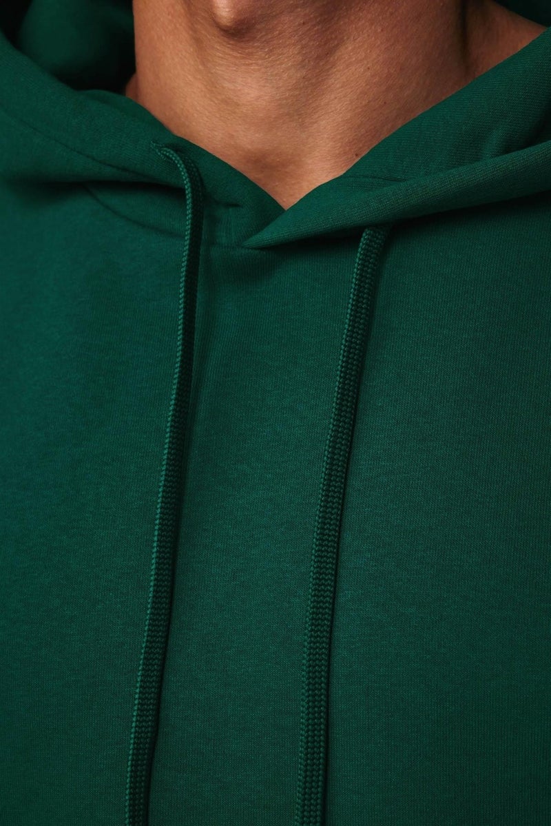 Oversize Wide Cut Cotton Soft Textured Polar Fleece Basic Green Hooded Sweatshirt