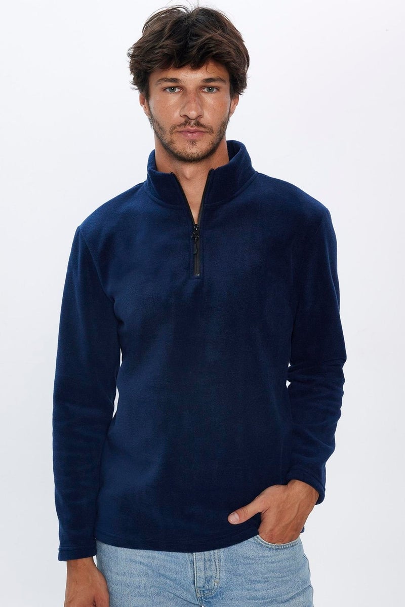 Men's Standing Collar Non-Pilling Cold Proof Standard Fit Relaxed Cut Navy Blue Polar Sweatshirt