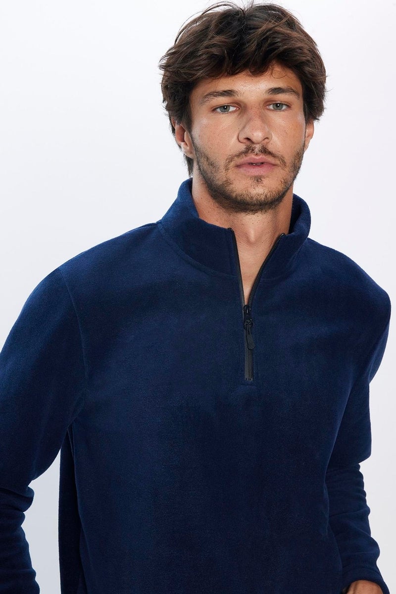 Men's Standing Collar Non-Pilling Cold Proof Standard Fit Relaxed Cut Navy Blue Polar Sweatshirt